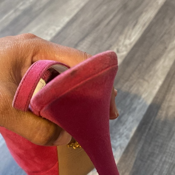 Prada peonia suede sling back peep toe high heels. - Picture 5 of 8